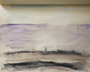 Danny Mooney 'Purple sea, dog walker, 28/11/16' crayon and pen on paper